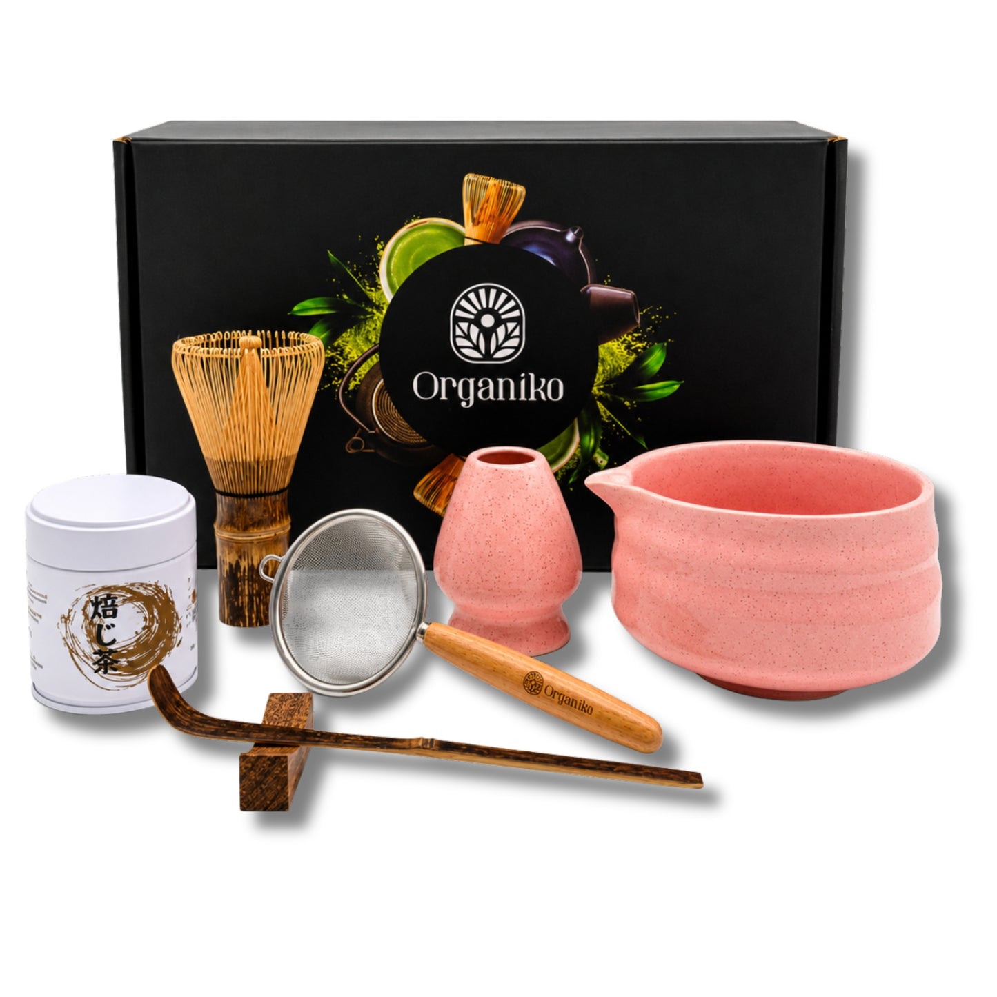 Organiko Matcha Set Accessories with Uji Matcha Green Tea & Hojicha Green Tea Includes Tea Strainer in Premium Box