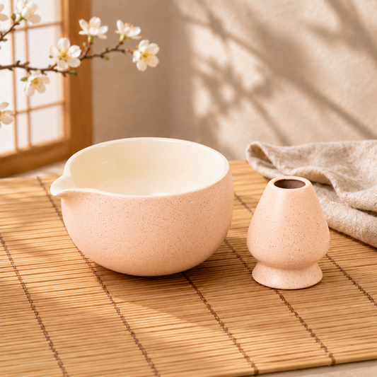 Beige Matcha Bowl & Matcha Whisk Holder Set
