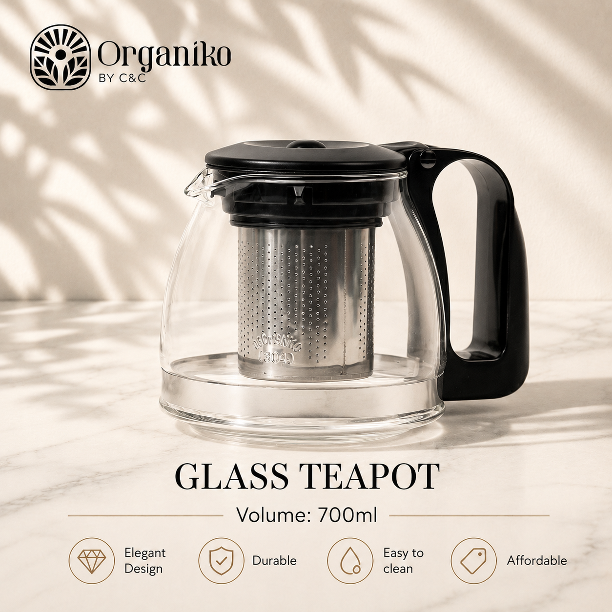 Teapot Glass Stainless Steel Strainer 700ml