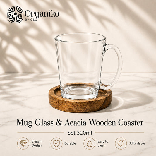 Cup and Wooden Acacia Saucer Set 320ml