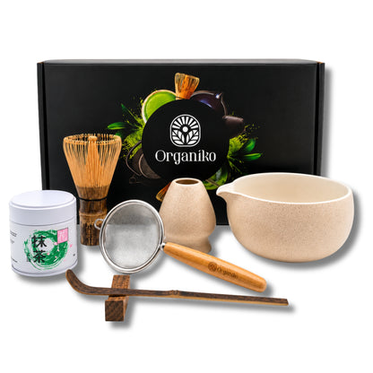 Organiko Matcha Set Accessories with Uji Matcha Green Tea & Hojicha Green Tea Includes Tea Strainer in Premium Box