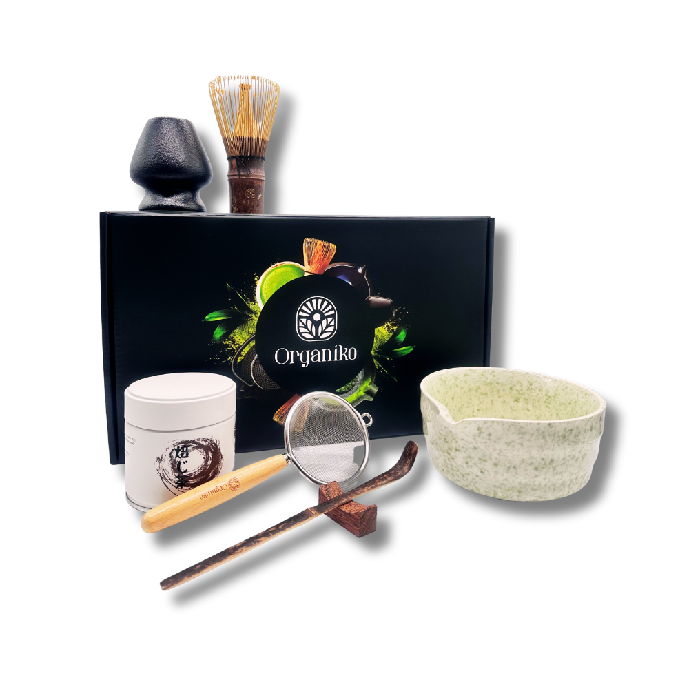 Organiko Matcha Set Accessories with Uji Matcha Green Tea & Hojicha Green Tea Includes Tea Strainer in Premium Box