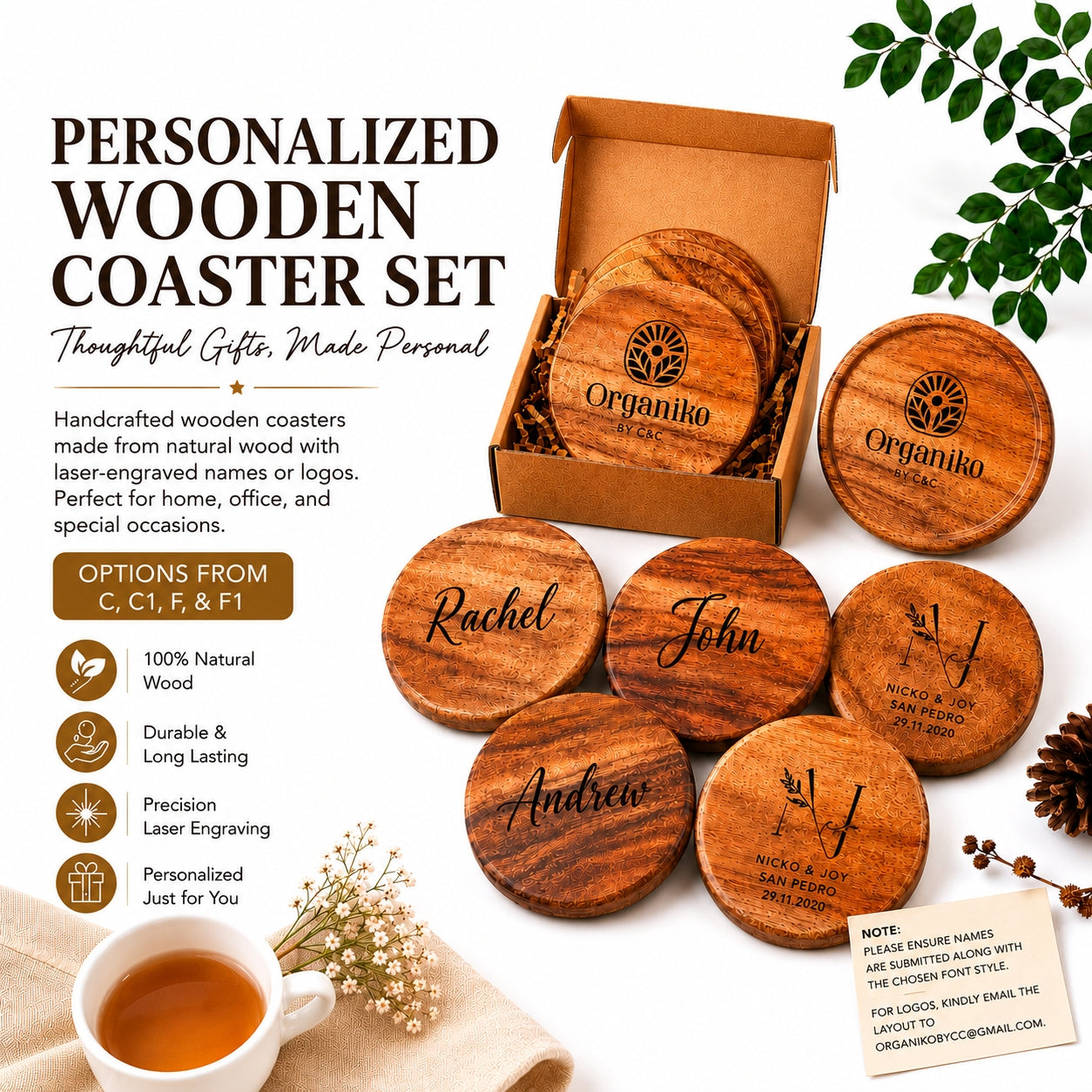 Gift Set Tea Special Wooden Coasters with Customized Engraving Name or Logo for Every Occasion