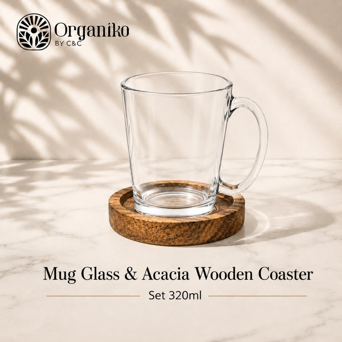 Cup and Wooden Acacia Saucer Set 320ml
