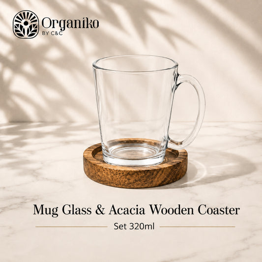Cup and Wooden Acacia Saucer Set 320ml