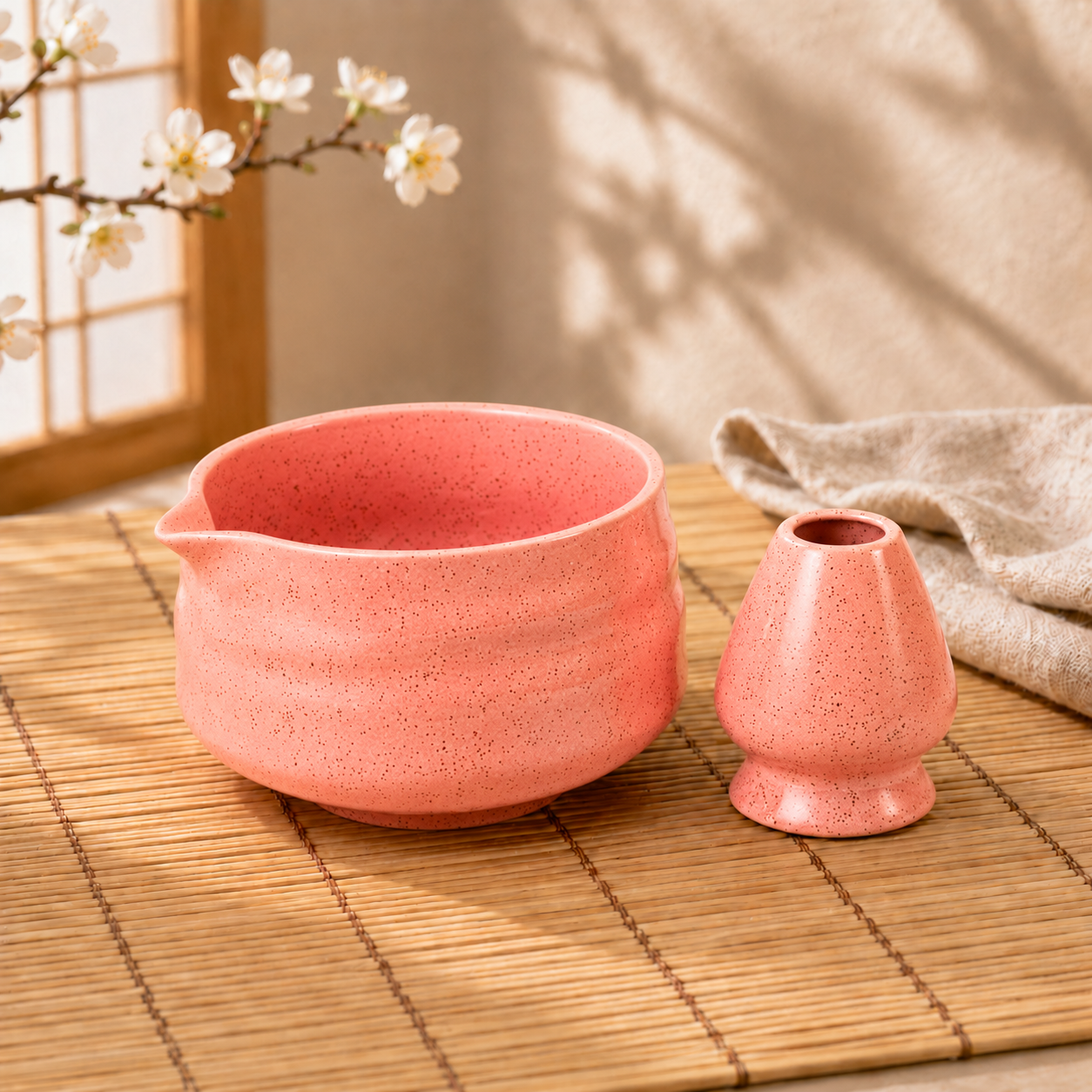 Pink Matcha Bowl & Matcha Whisk Holder Set
