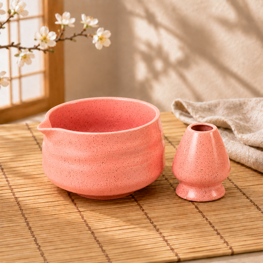 Pink Matcha Bowl & Matcha Whisk Holder Set