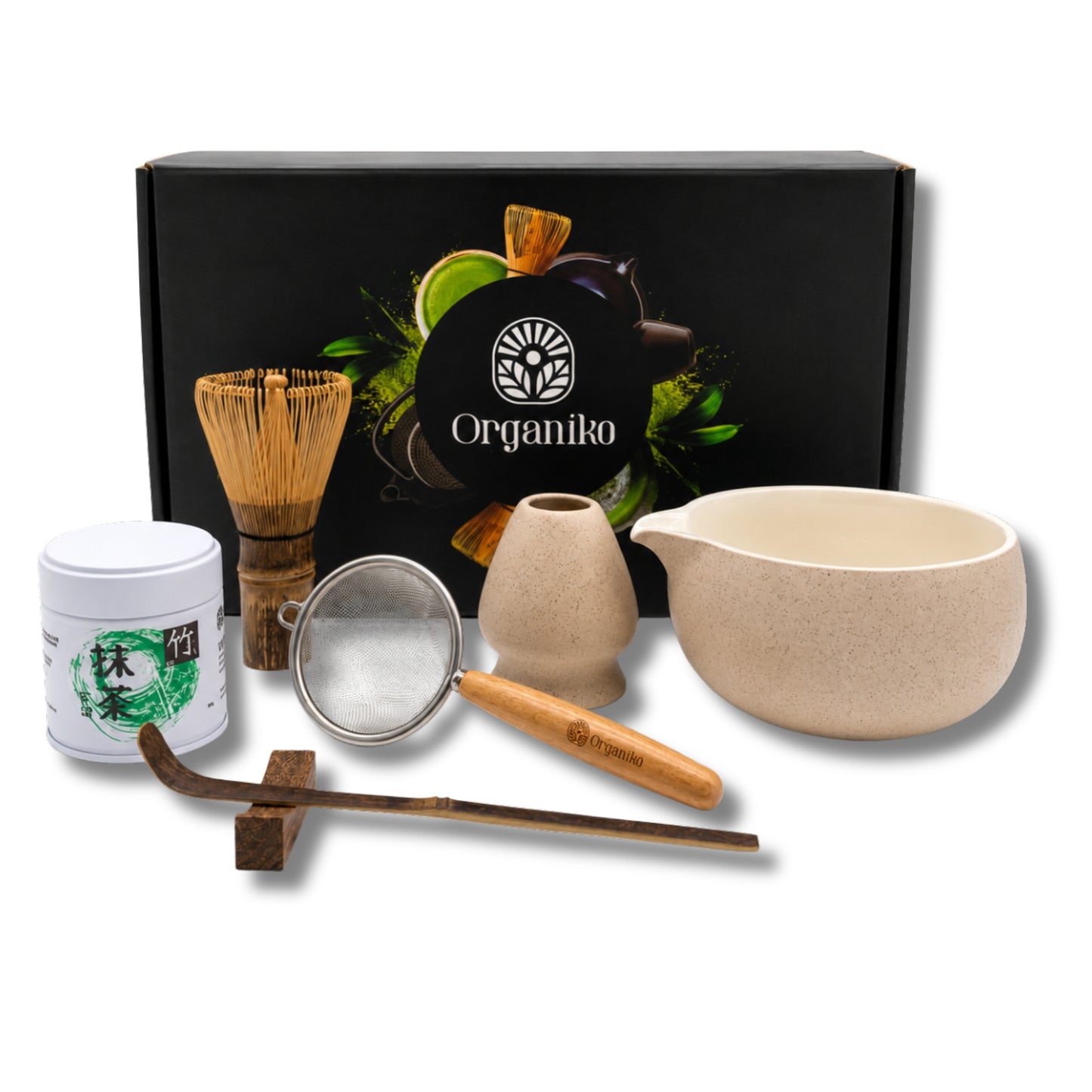Organiko Matcha Set Accessories with Uji Matcha Green Tea & Hojicha Green Tea Includes Tea Strainer in Premium Box
