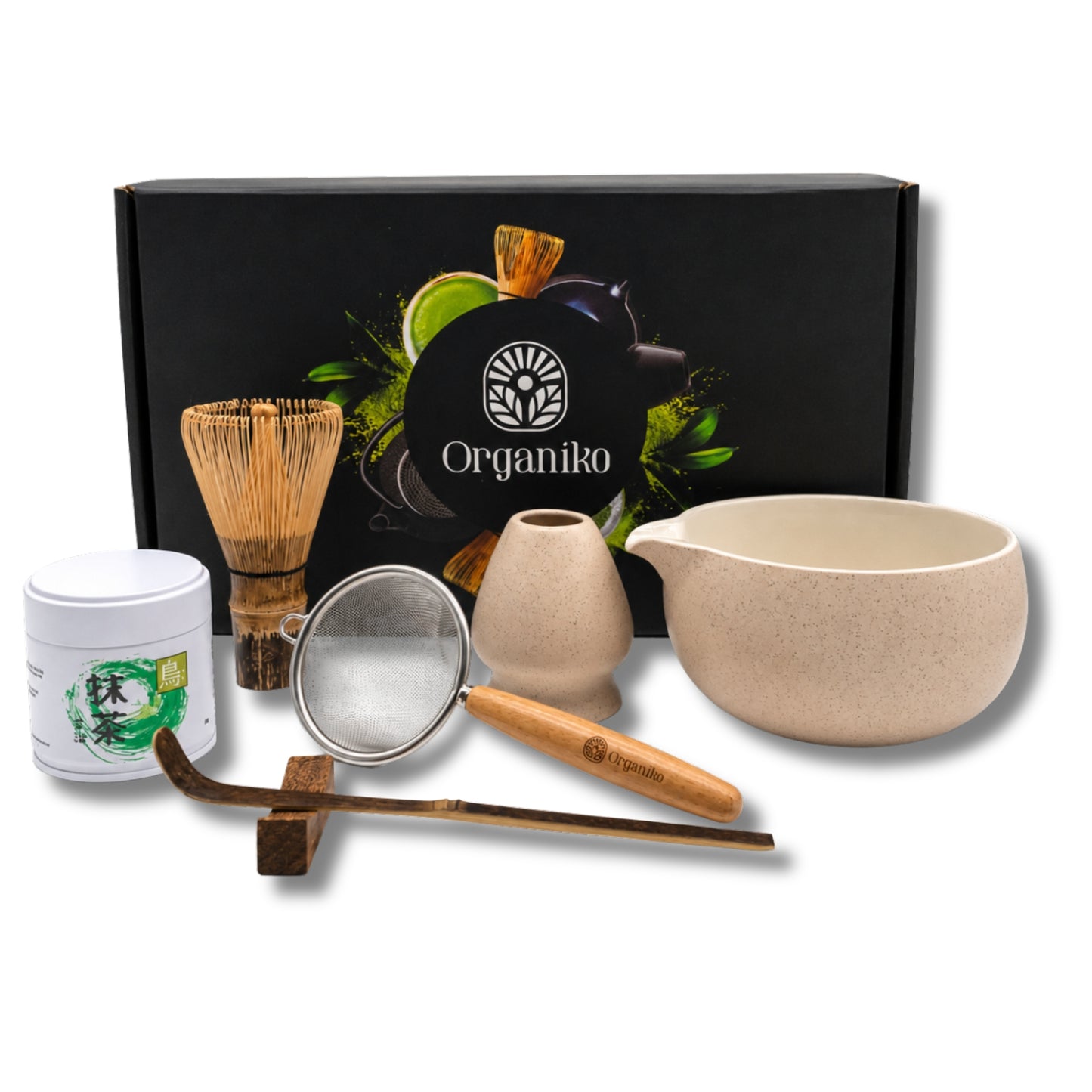Organiko Matcha Set Accessories with Uji Matcha Green Tea & Hojicha Green Tea Includes Tea Strainer in Premium Box